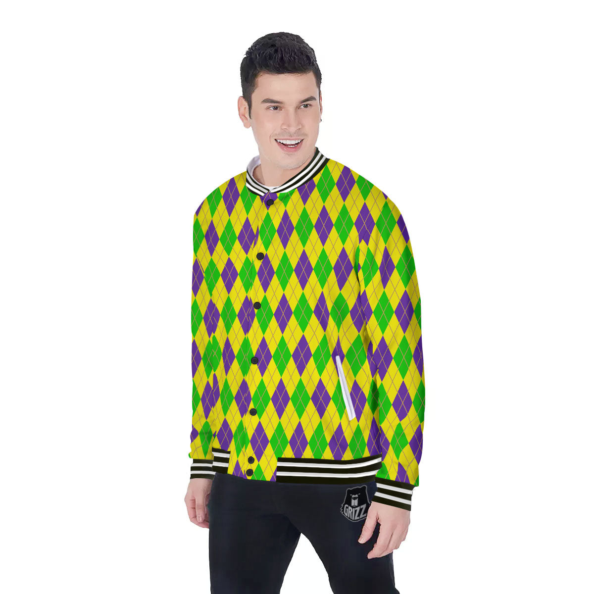 Fat Tuesday Argyle Mardi Gras Print Baseball Jacket-grizzshop