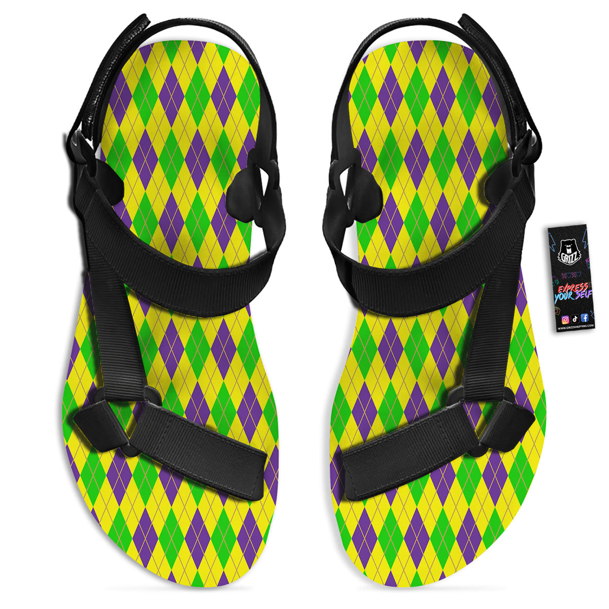 Fat Tuesday Argyle Mardi Gras Print Black Open Toe Sandals-grizzshop