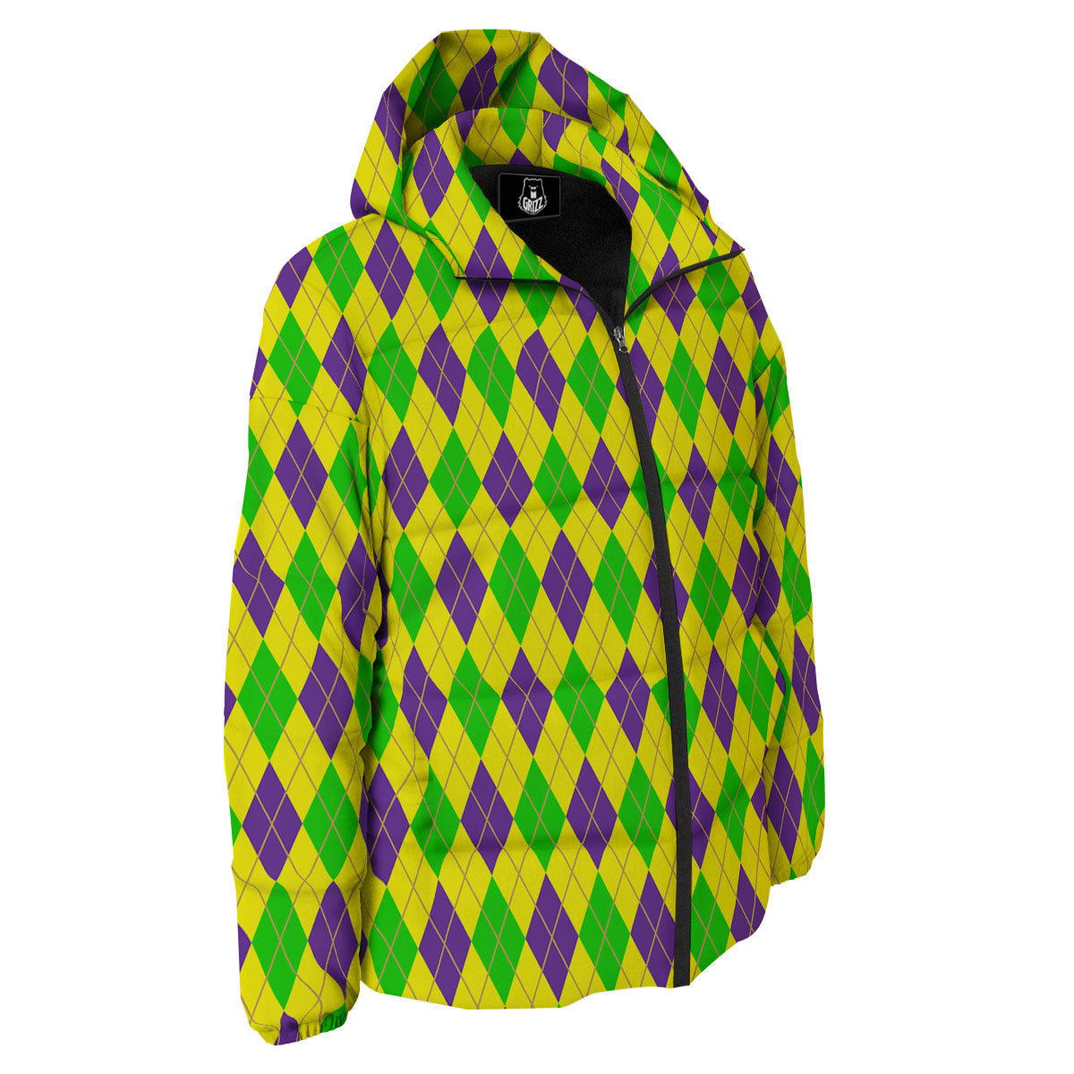 Fat Tuesday Argyle Mardi Gras Print Down Jacket-grizzshop