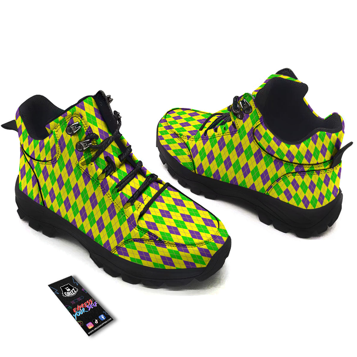 Fat Tuesday Argyle Mardi Gras Print Hiking Shoes-grizzshop