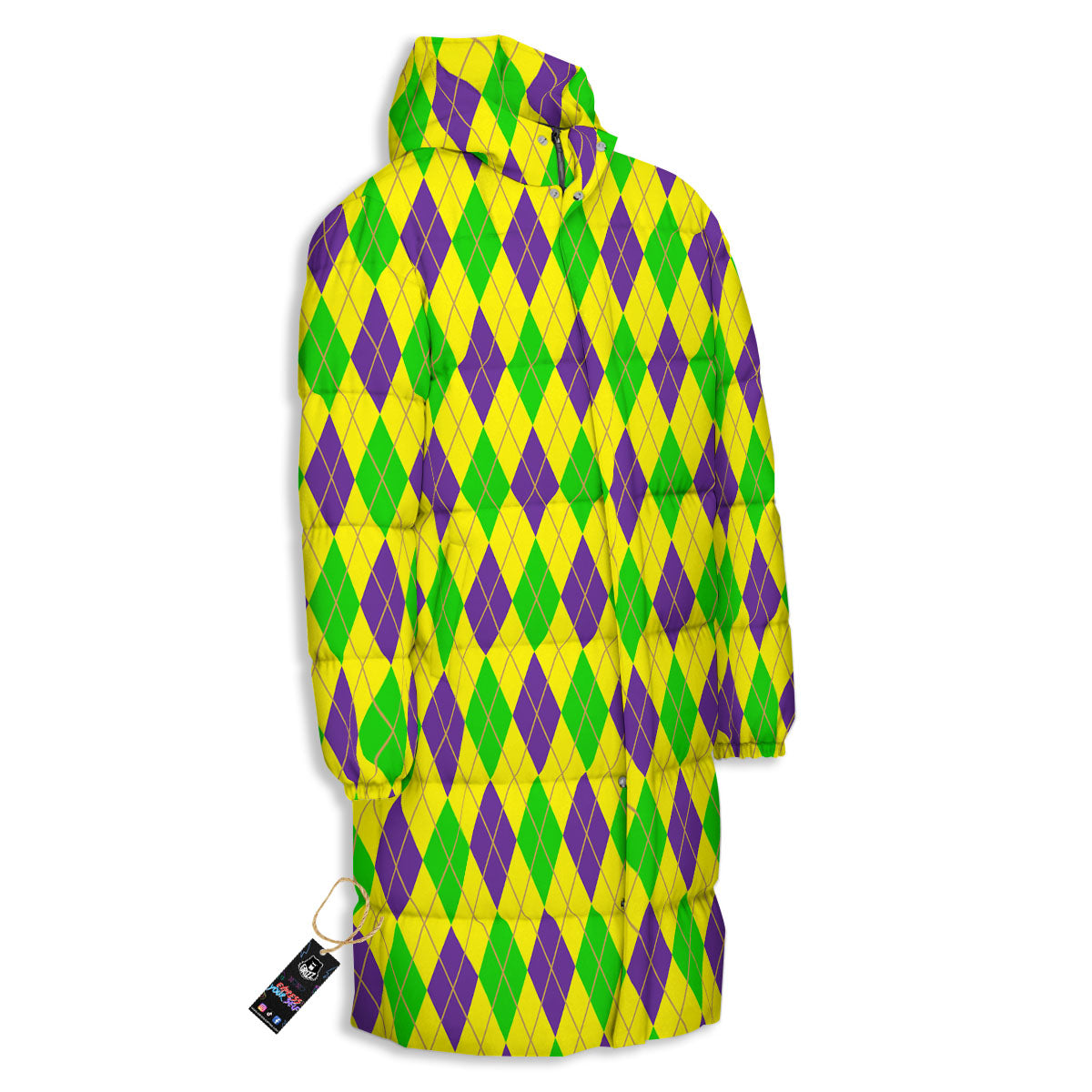 Fat Tuesday Argyle Mardi Gras Print Long Down Jacket-grizzshop