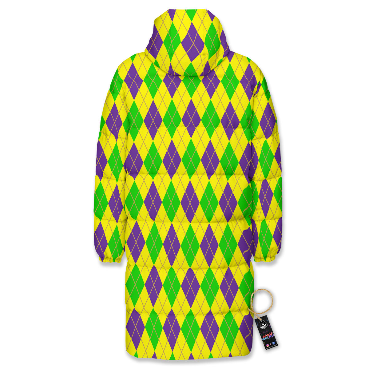Fat Tuesday Argyle Mardi Gras Print Long Down Jacket-grizzshop