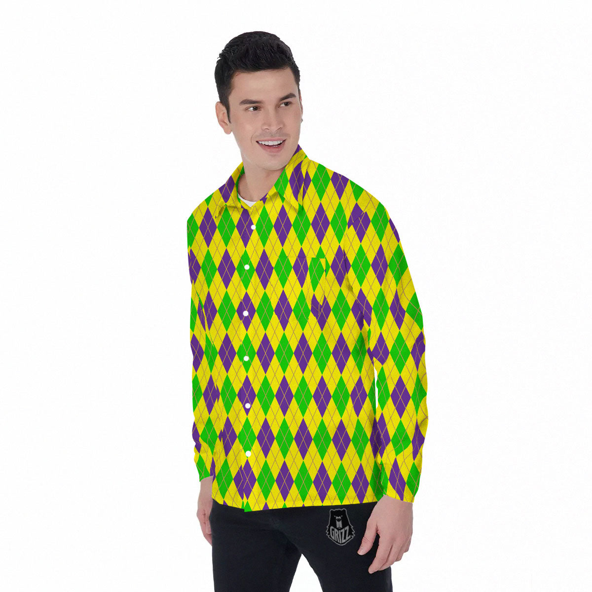 Fat Tuesday Argyle Mardi Gras Print Men's Long Sleeve Shirts-grizzshop