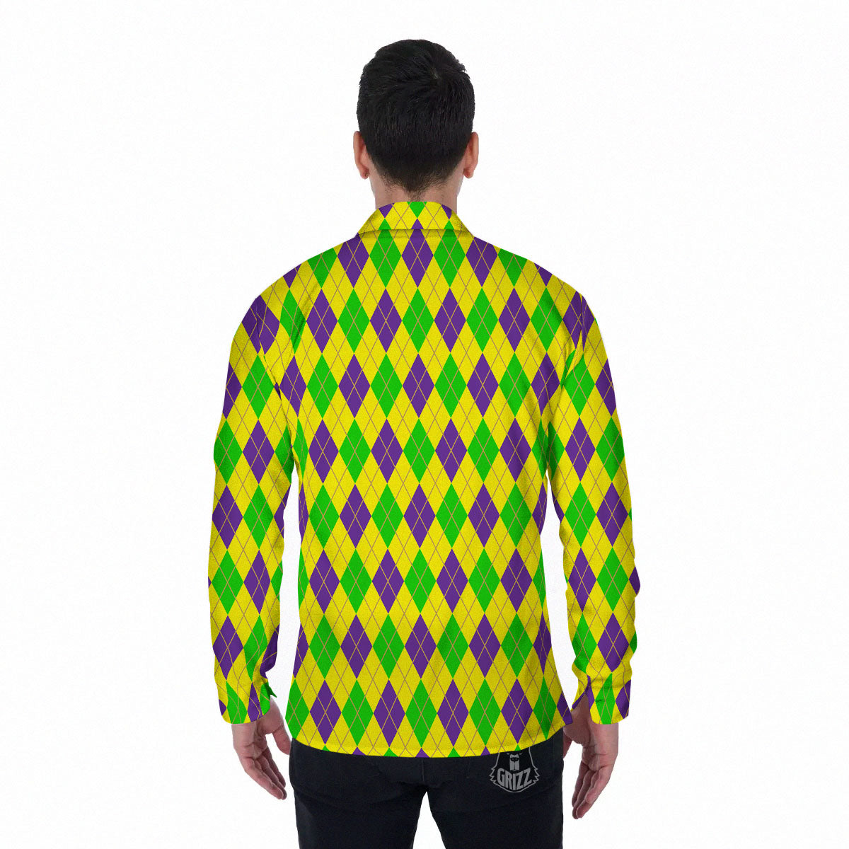Fat Tuesday Argyle Mardi Gras Print Men's Long Sleeve Shirts-grizzshop