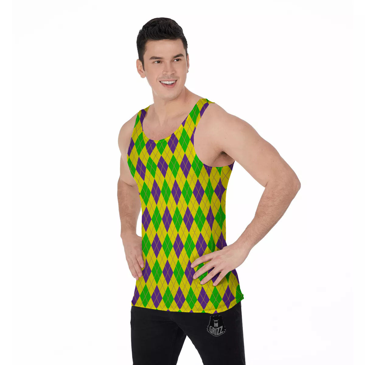 Fat Tuesday Argyle Mardi Gras Print Men's Tank Top-grizzshop