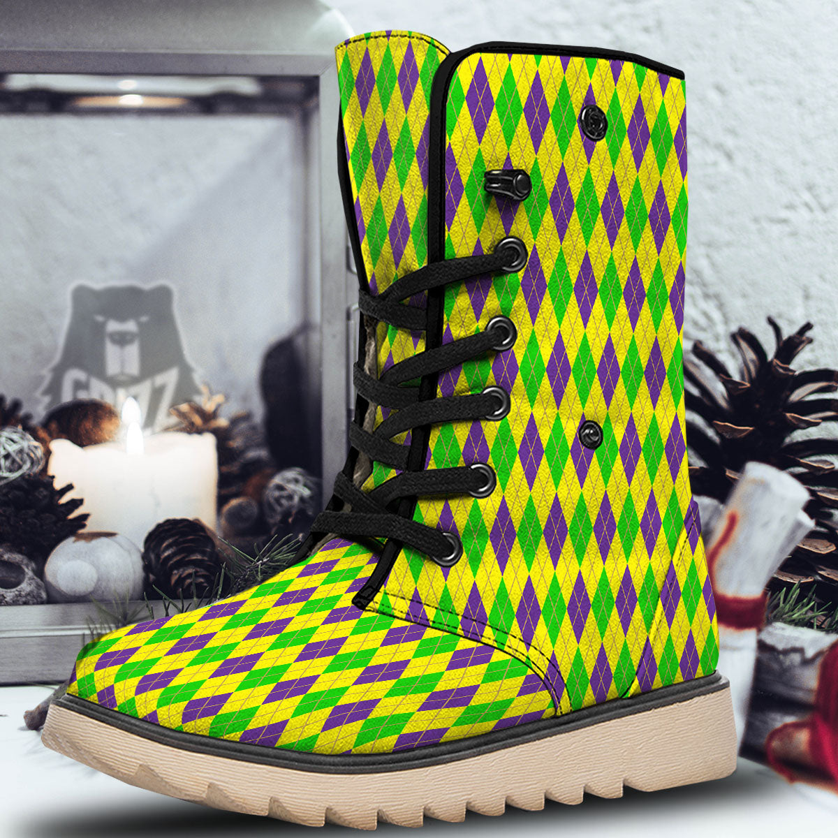 Fat Tuesday Argyle Mardi Gras Print Snow Boots-grizzshop