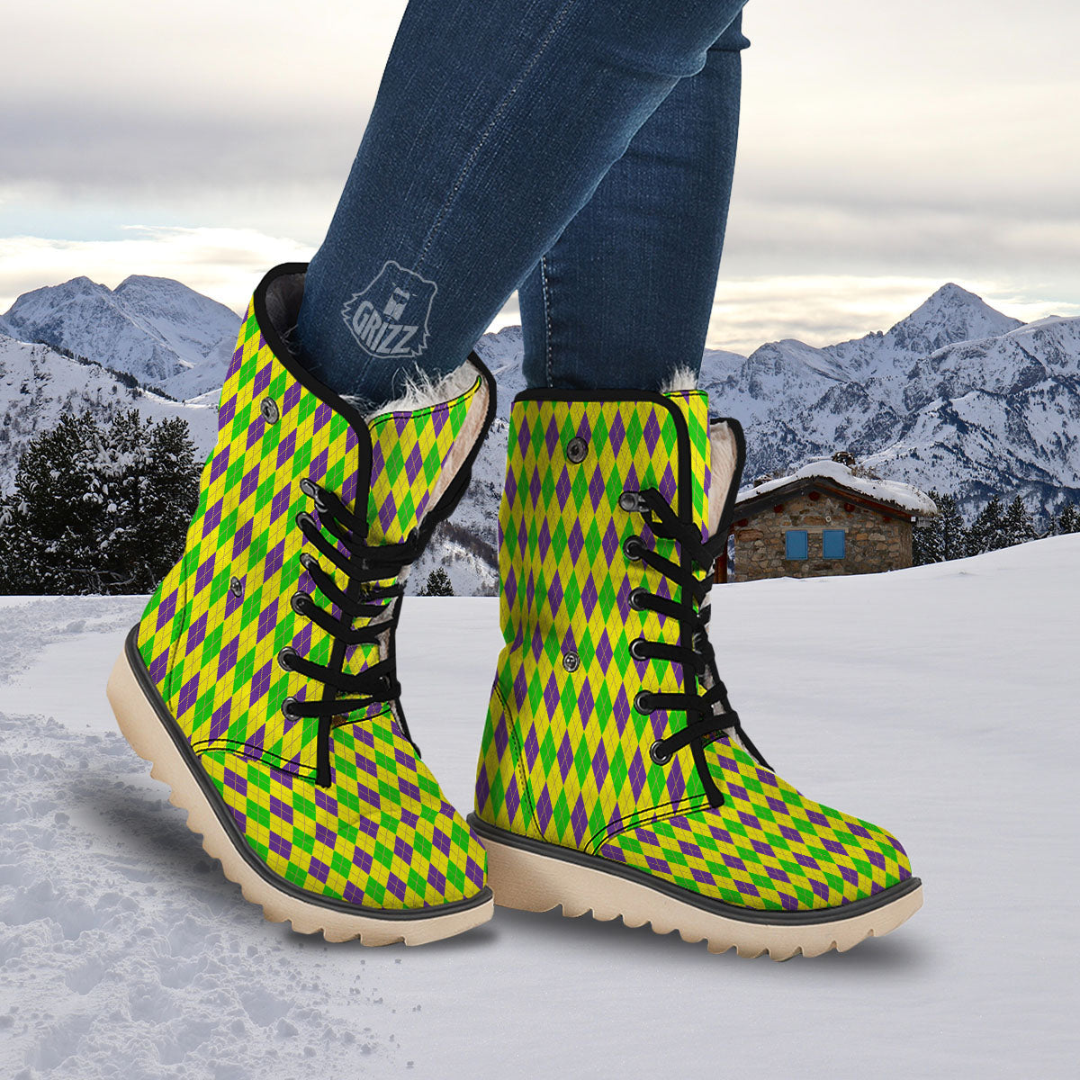 Fat Tuesday Argyle Mardi Gras Print Snow Boots-grizzshop
