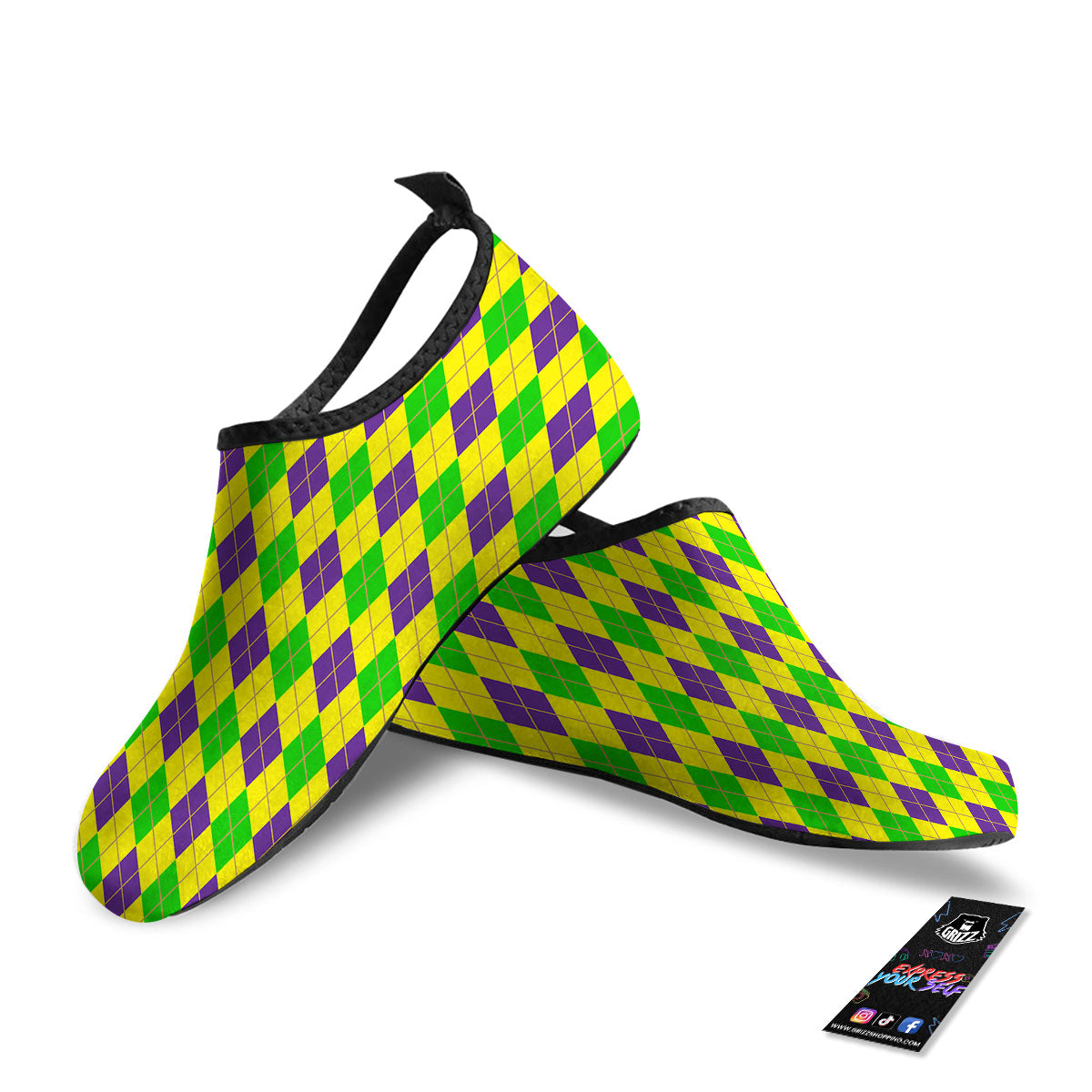 Fat Tuesday Argyle Mardi Gras Print Water Shoes-grizzshop