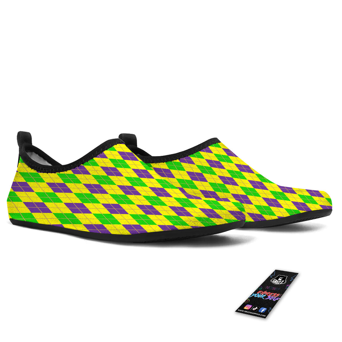 Fat Tuesday Argyle Mardi Gras Print Water Shoes-grizzshop