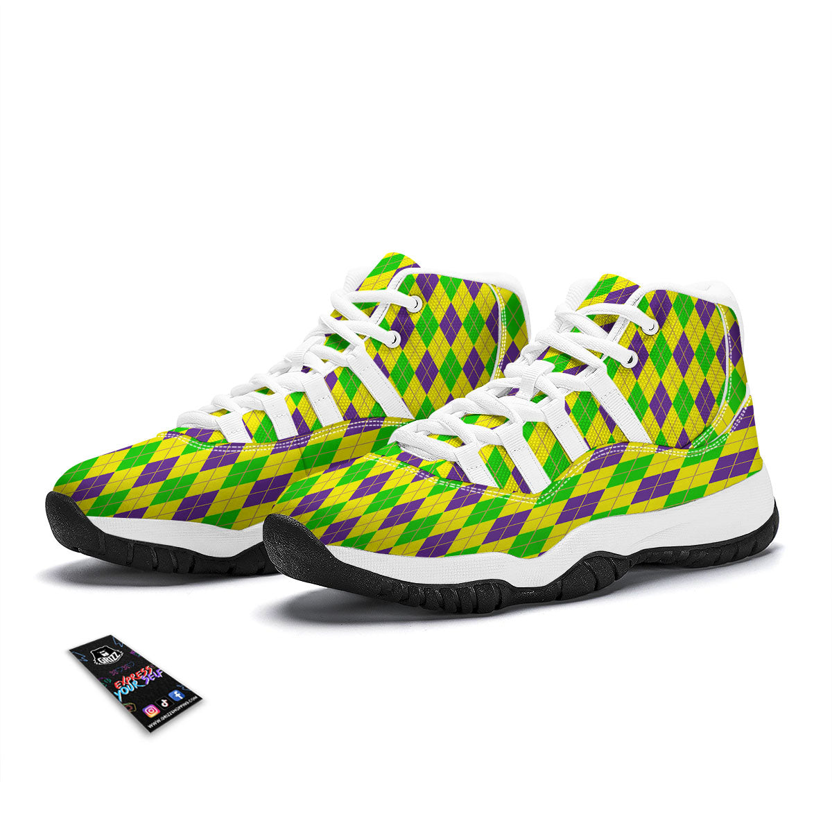 Fat Tuesday Argyle Mardi Gras Print White Bball Shoes-grizzshop