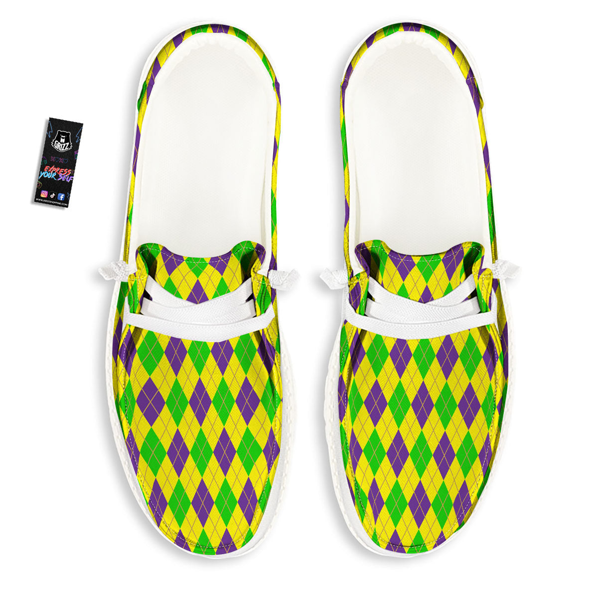 Fat Tuesday Argyle Mardi Gras Print White Loafers-grizzshop