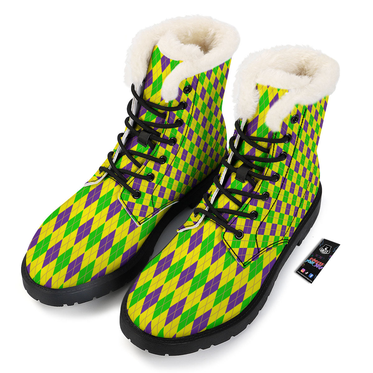 Fat Tuesday Argyle Mardi Gras Print Winter Boots-grizzshop