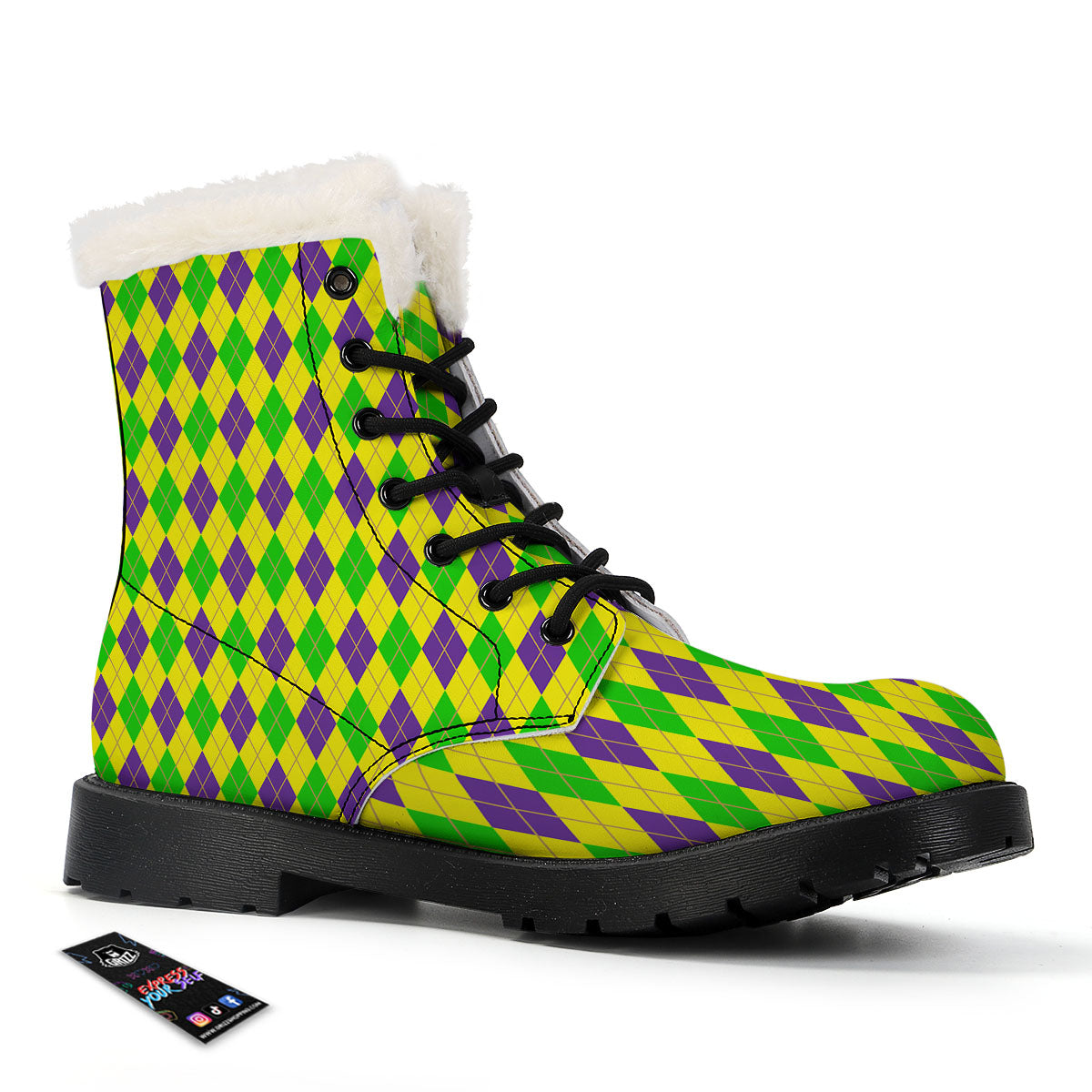 Fat Tuesday Argyle Mardi Gras Print Winter Boots-grizzshop