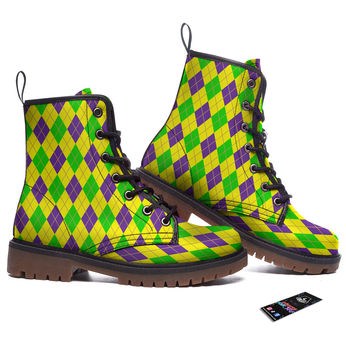Fat Tuesday Argyle Mardi Gras Print Work Boots-grizzshop