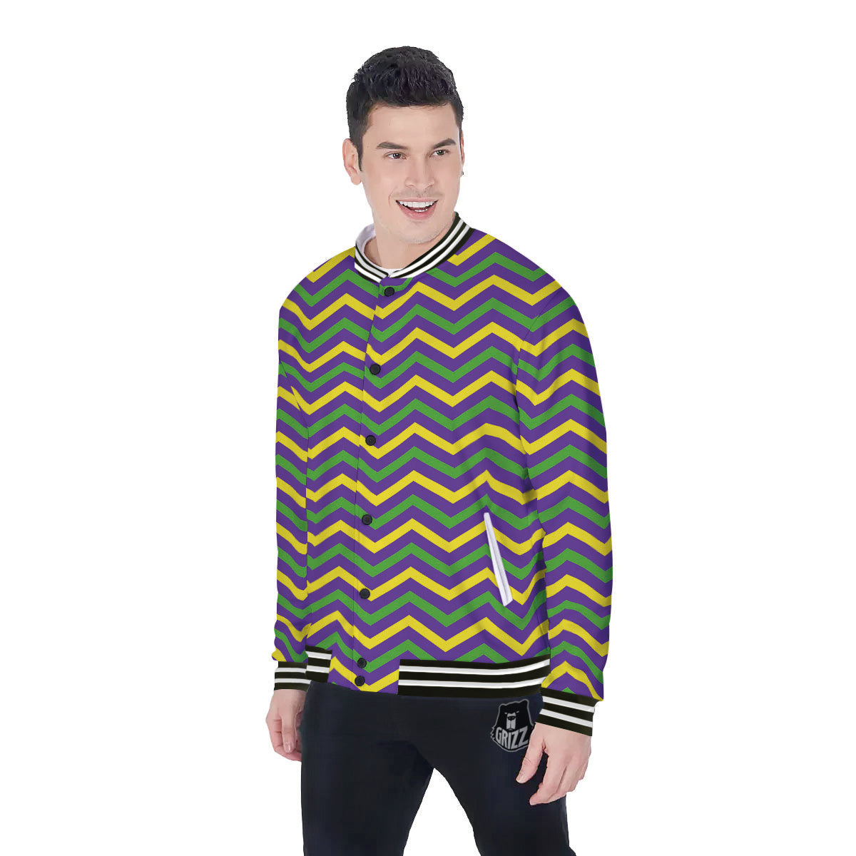 Fat Tuesday Chevron Mardi Gras Print Baseball Jacket-grizzshop