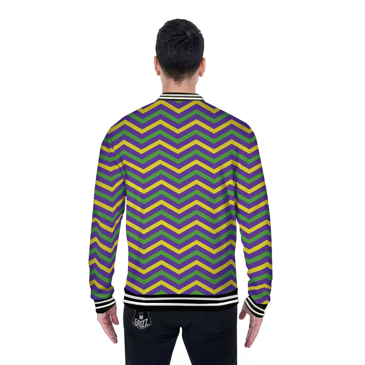 Fat Tuesday Chevron Mardi Gras Print Baseball Jacket-grizzshop