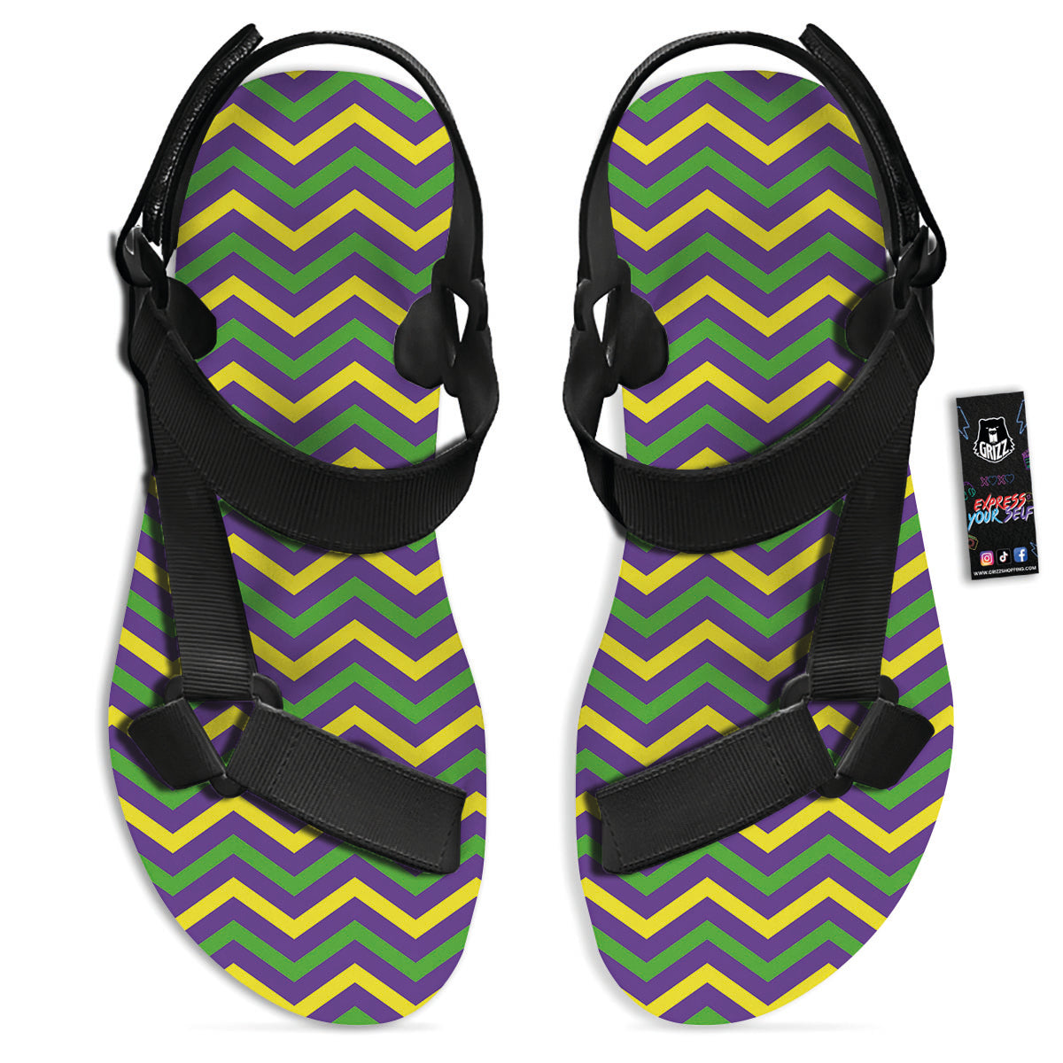Fat Tuesday Chevron Mardi Gras Print Black Open Toe Sandals-grizzshop