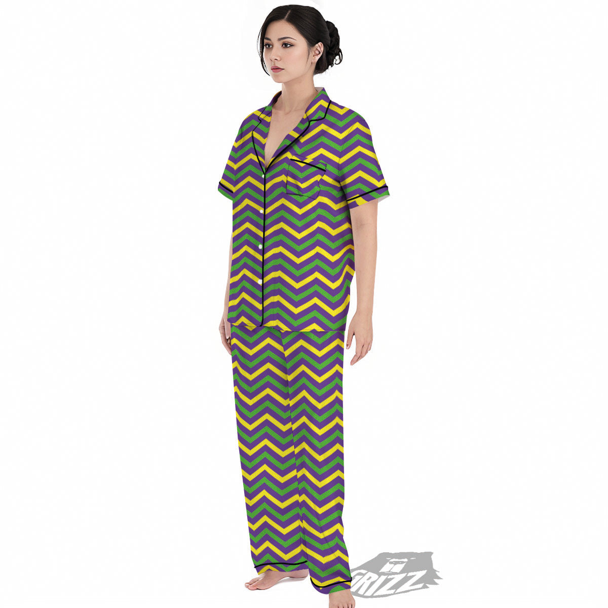 Fat Tuesday Chevron Mardi Gras Print Women's Pajamas Set-grizzshop