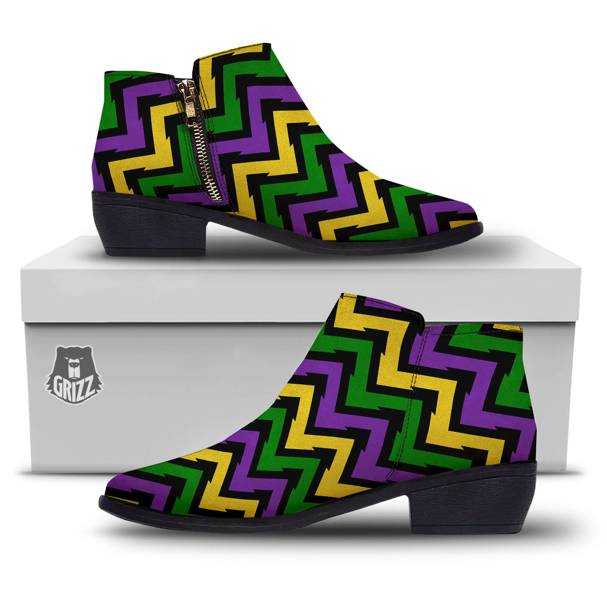 Fat Tuesday Zigzag Mardi Gras Print Ankle Boots-grizzshop