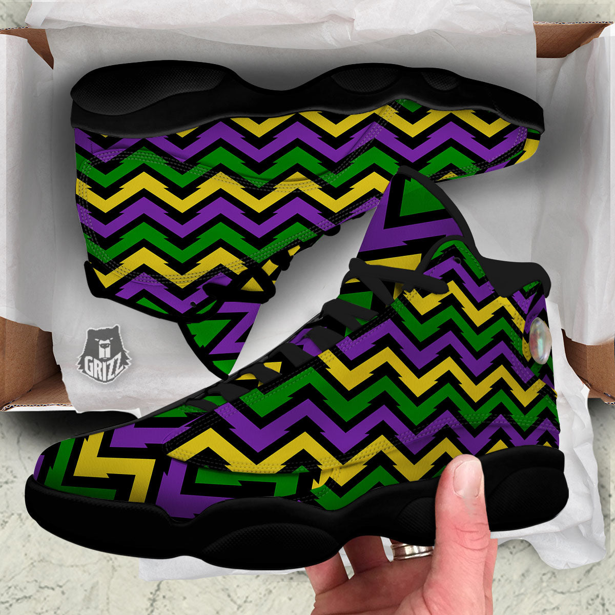 Fat Tuesday Zigzag Mardi Gras Print Black Basketball Shoes-grizzshop
