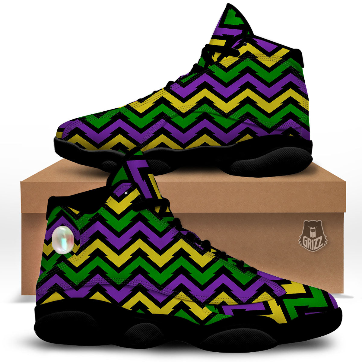 Fat Tuesday Zigzag Mardi Gras Print Black Basketball Shoes-grizzshop