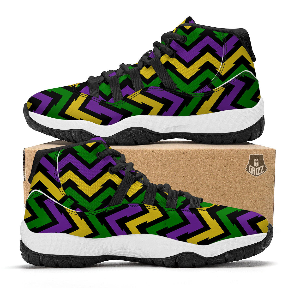 Fat Tuesday Zigzag Mardi Gras Print Black Bball Shoes-grizzshop