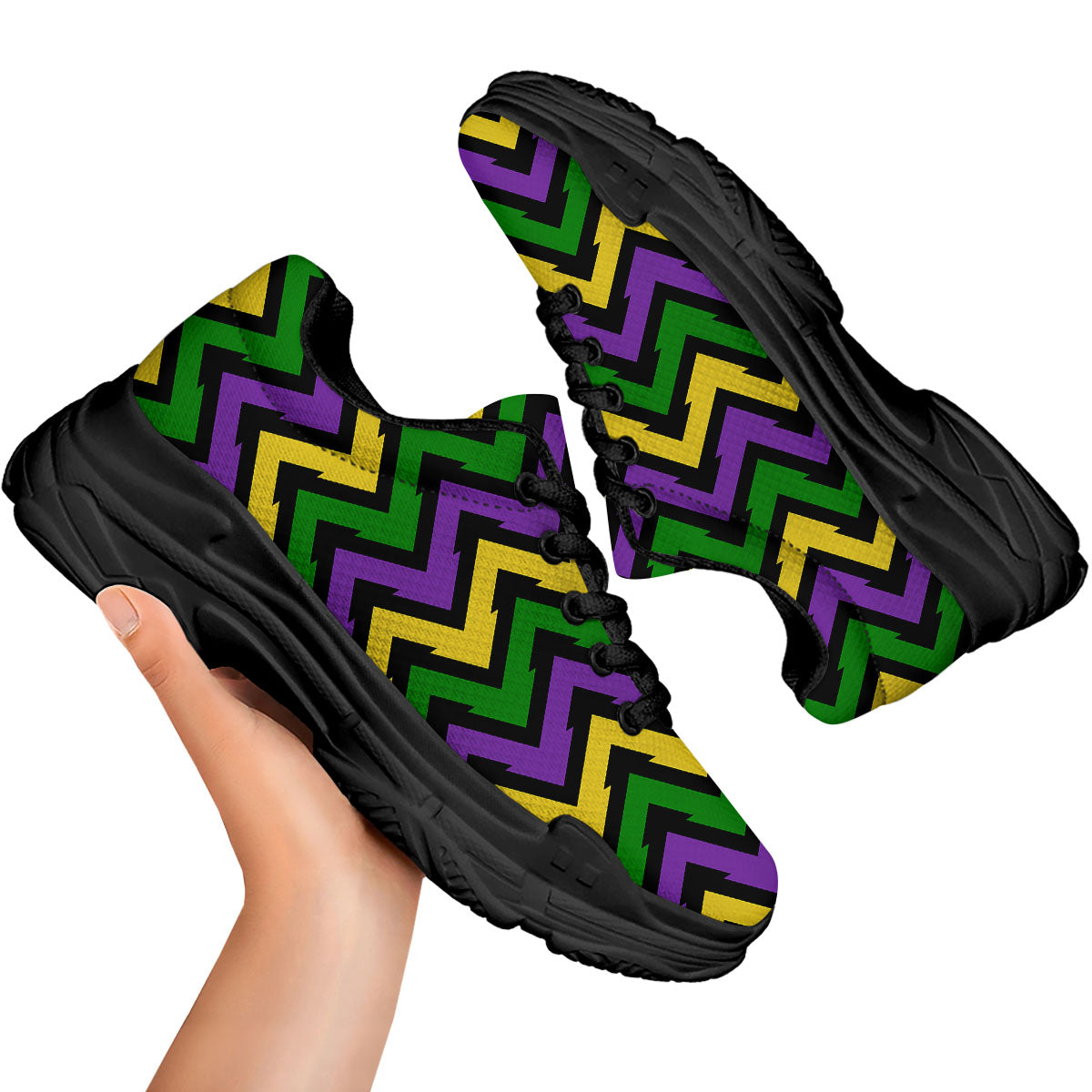 Fat Tuesday Zigzag Mardi Gras Print Black Chunky Shoes-grizzshop