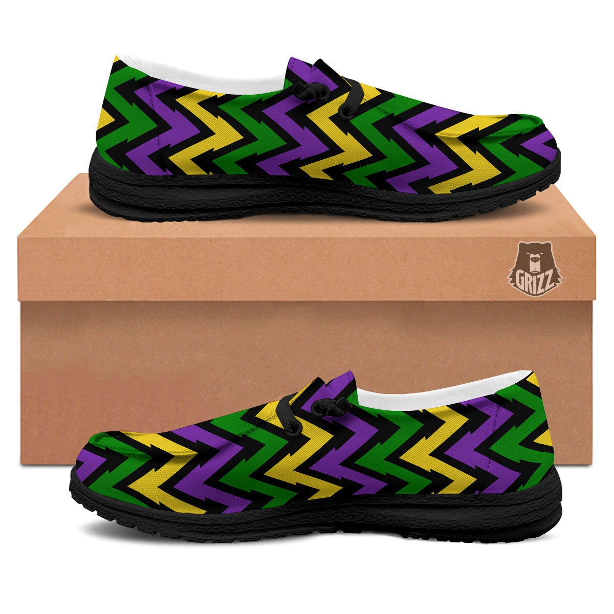 Fat Tuesday Zigzag Mardi Gras Print Black Loafers-grizzshop