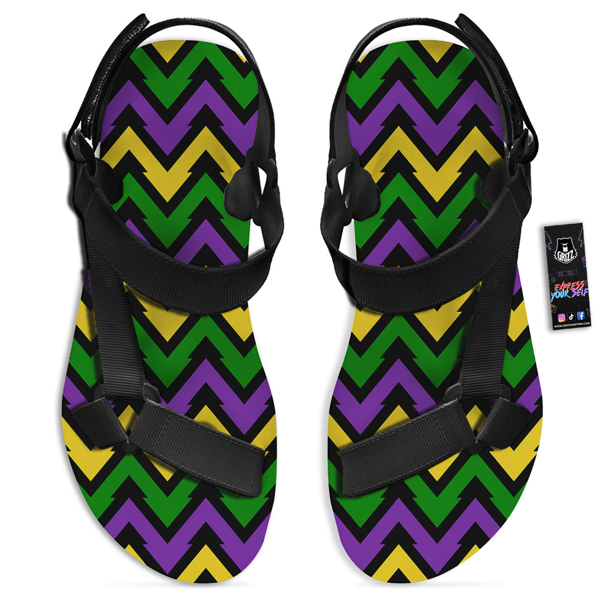 Fat Tuesday Zigzag Mardi Gras Print Black Open Toe Sandals-grizzshop