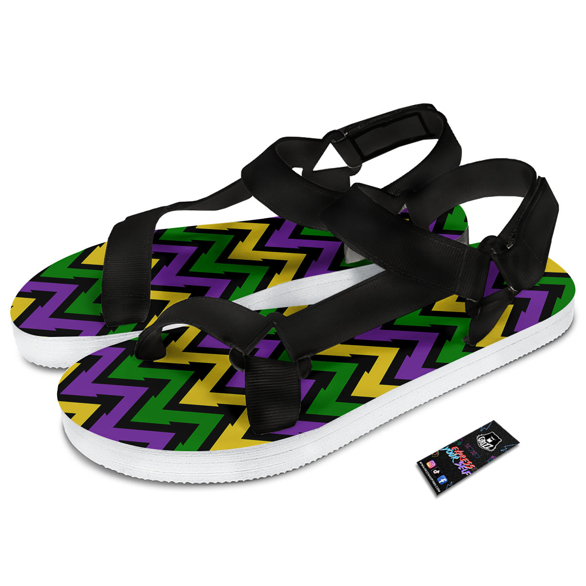 Fat Tuesday Zigzag Mardi Gras Print Black Open Toe Sandals-grizzshop