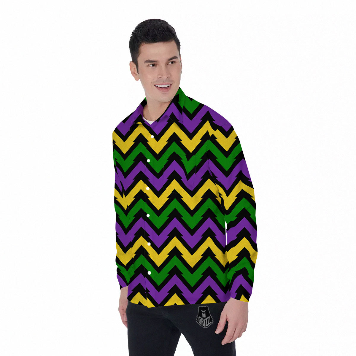 Fat Tuesday Zigzag Mardi Gras Print Men's Long Sleeve Shirts-grizzshop