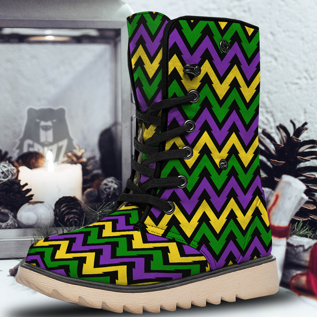 Fat Tuesday Zigzag Mardi Gras Print Snow Boots-grizzshop