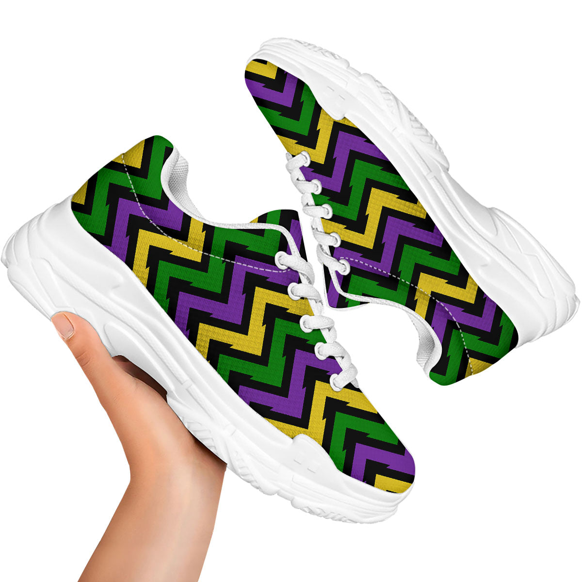 Fat Tuesday Zigzag Mardi Gras Print White Chunky Shoes-grizzshop