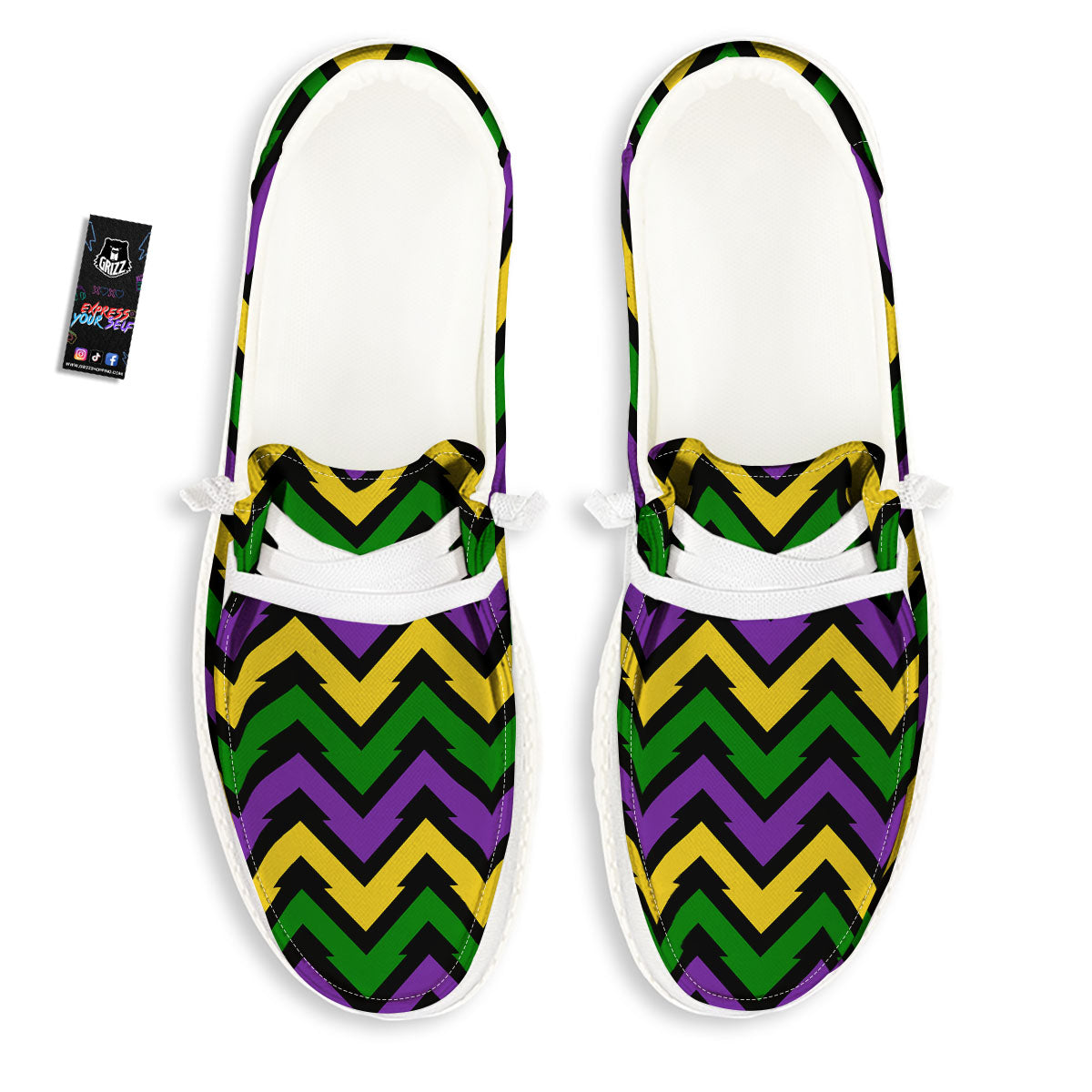 Fat Tuesday Zigzag Mardi Gras Print White Loafers-grizzshop