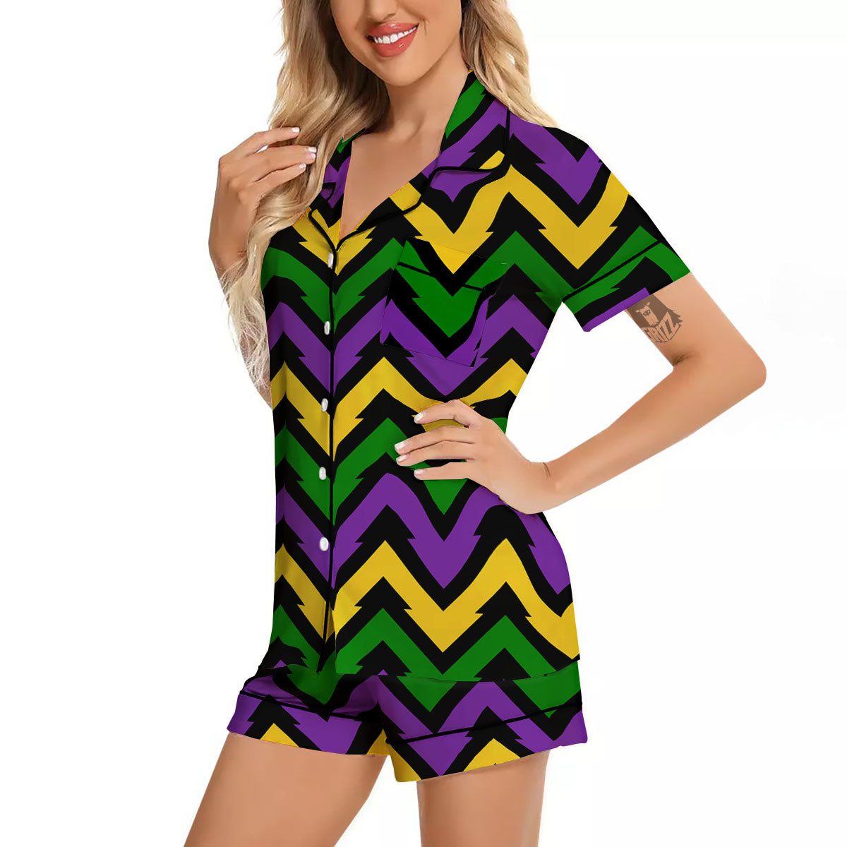 Fat Tuesday Zigzag Mardi Gras Print Women Silk Pajamas-grizzshop