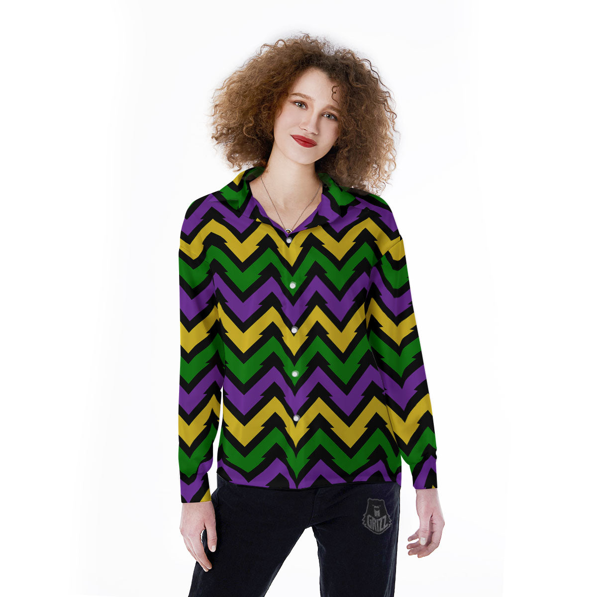 Fat Tuesday Zigzag Mardi Gras Print Women's Long Sleeve Shirts-grizzshop