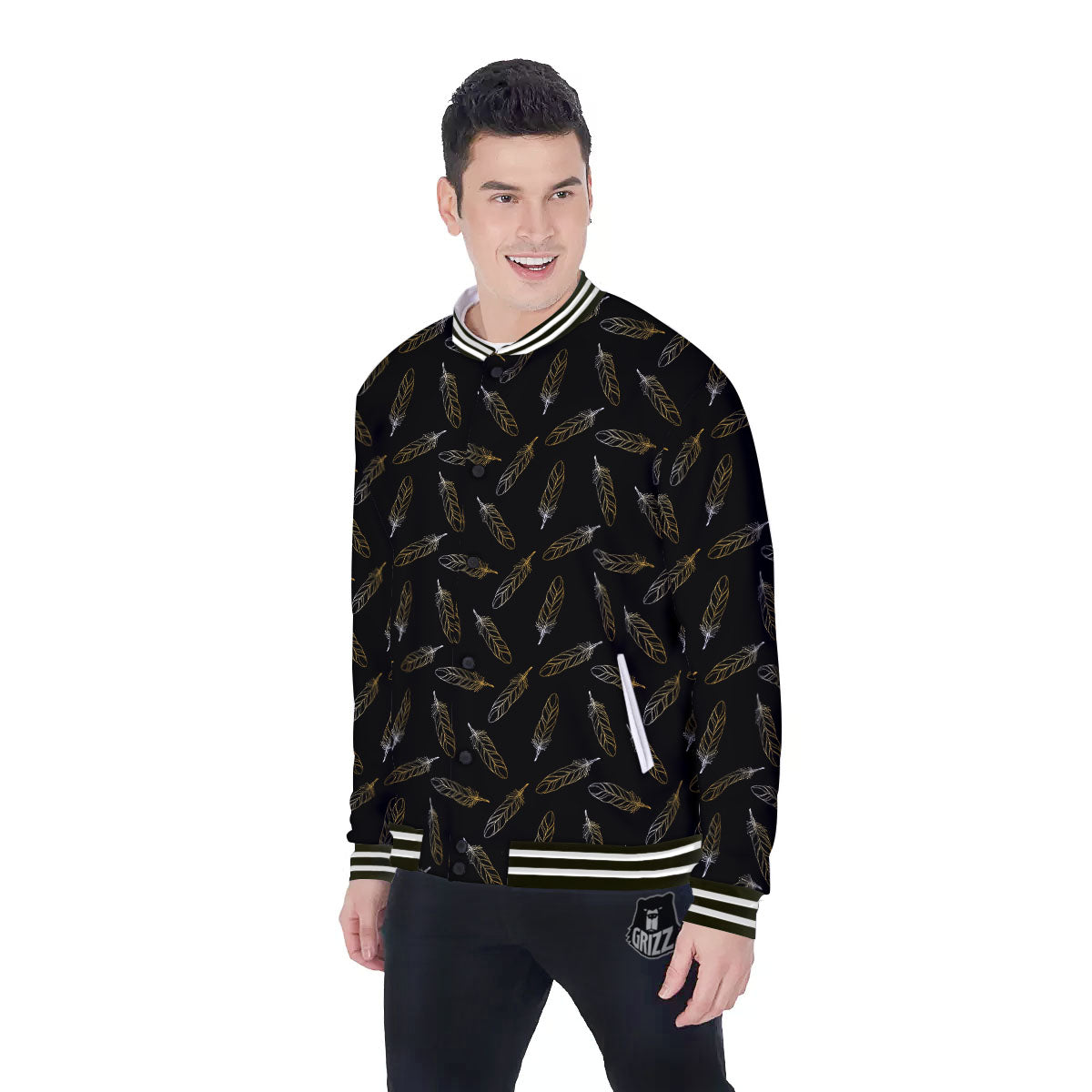 Feather Black And Gold Print Pattern Baseball Jacket-grizzshop