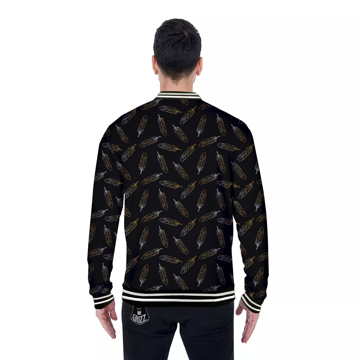 Feather Black And Gold Print Pattern Baseball Jacket-grizzshop
