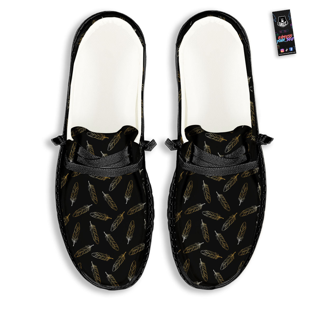 Feather Black And Gold Print Pattern Black Loafers-grizzshop