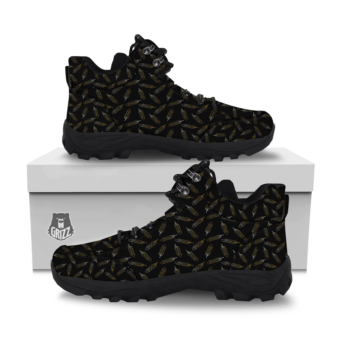 Feather Black And Gold Print Pattern Hiking Shoes-grizzshop