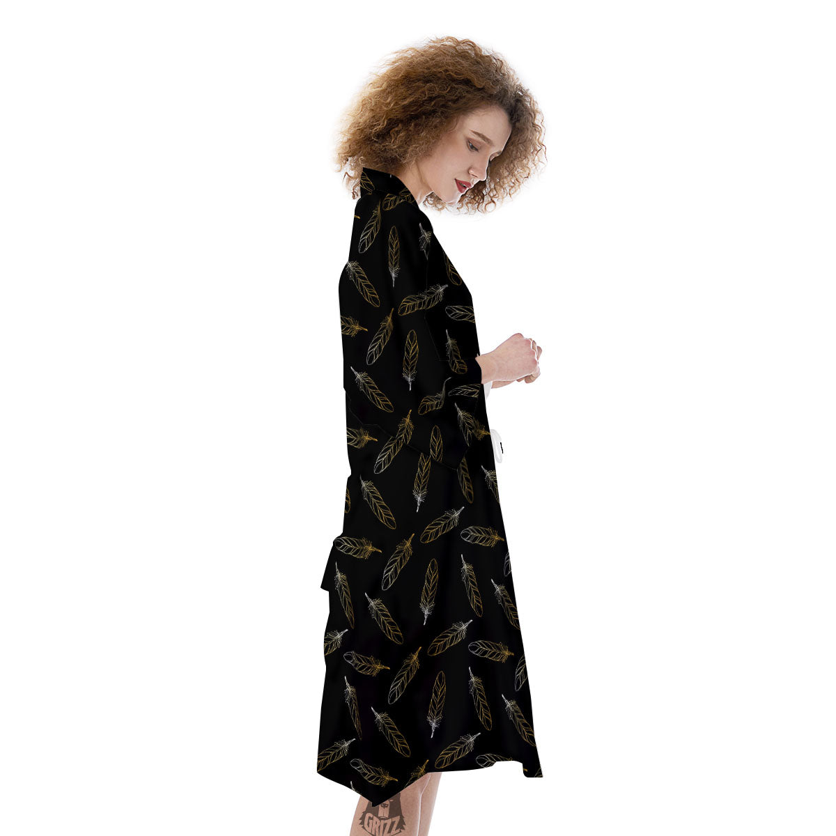 Feather Black And Gold Print Pattern Kimono-grizzshop