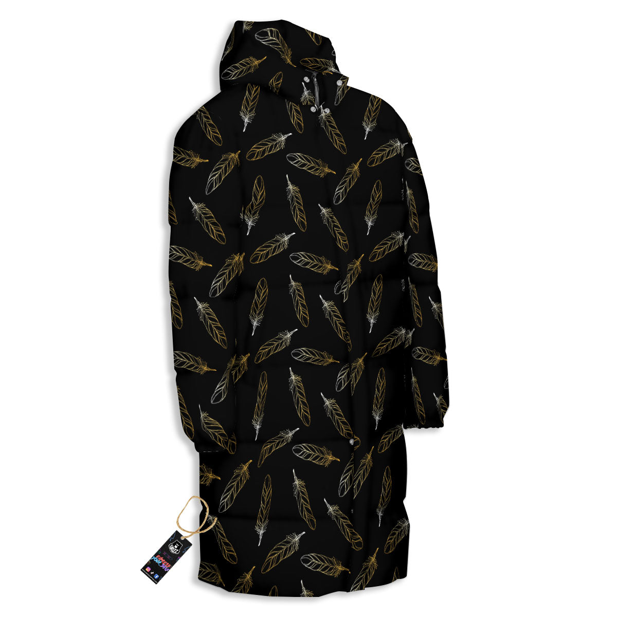 Feather Black And Gold Print Pattern Long Down Jacket-grizzshop