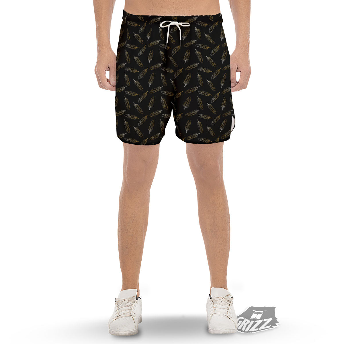 Feather Black And Gold Print Pattern Men's Gym Shorts-grizzshop
