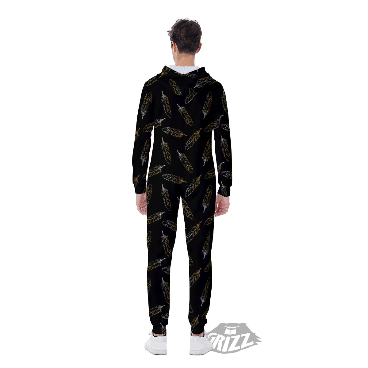 Feather Black And Gold Print Pattern Men's Jumpsuit-grizzshop