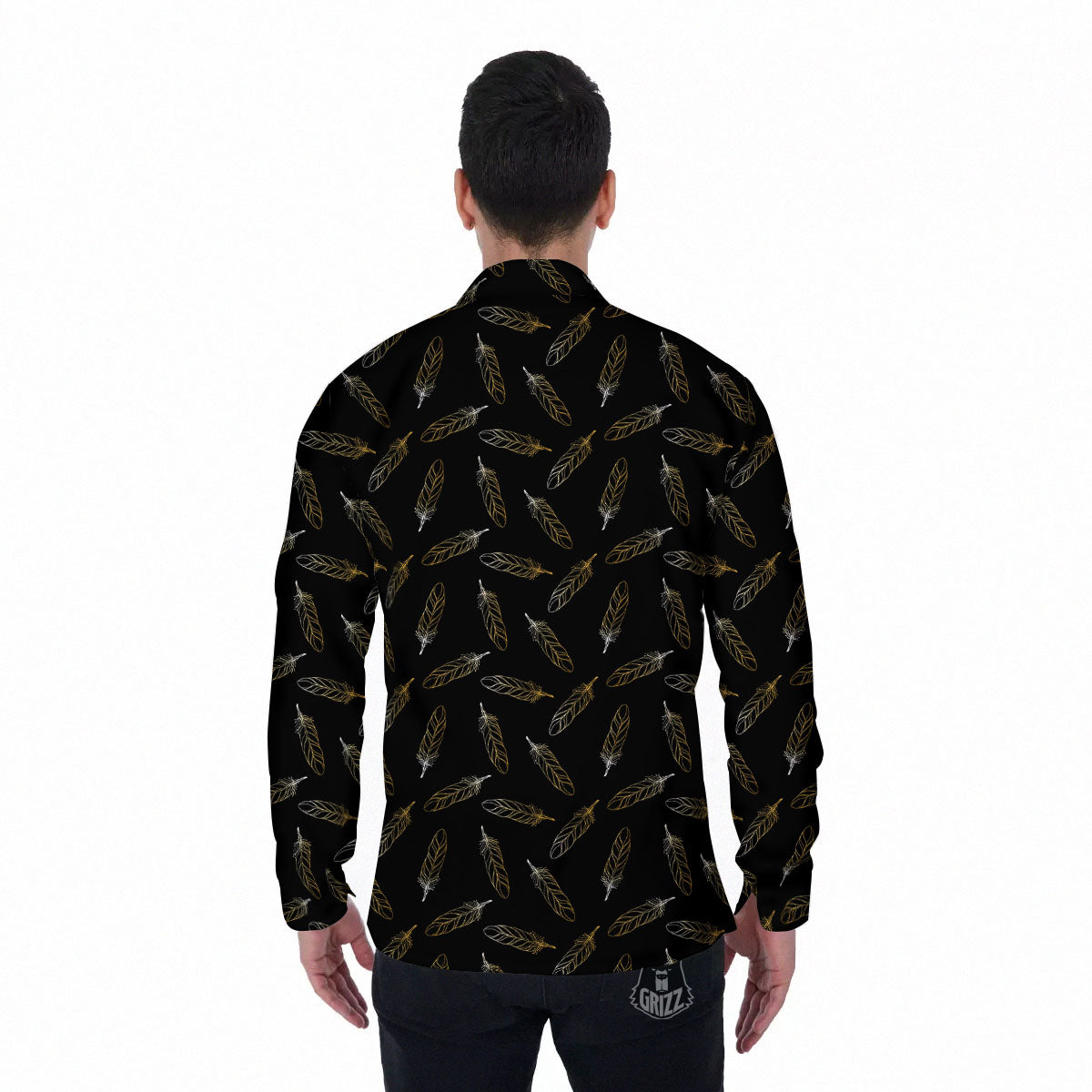 Feather Black And Gold Print Pattern Men's Long Sleeve Shirts-grizzshop