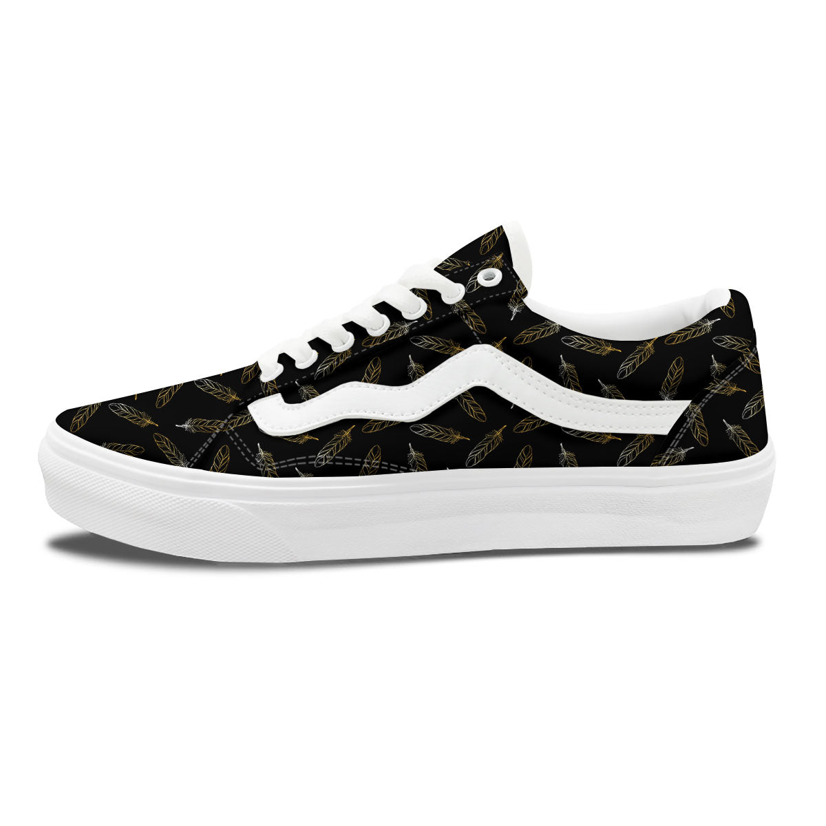 Feather Black And Gold Print Pattern Skate Shoes-grizzshop