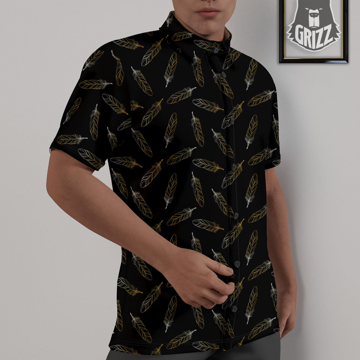 Feather Black And Gold Print Pattern Untucked Shirts-grizzshop