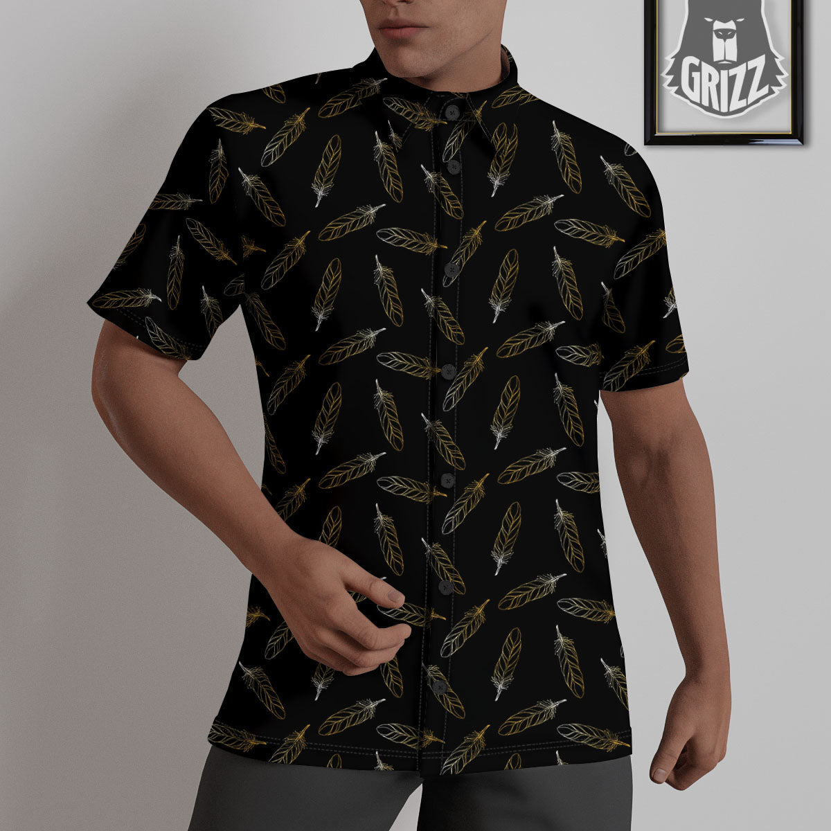 Feather Black And Gold Print Pattern Untucked Shirts-grizzshop