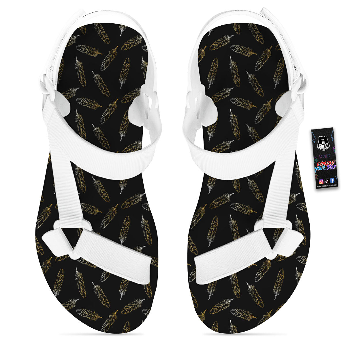Feather Black And Gold Print Pattern White Open Toe Sandals-grizzshop