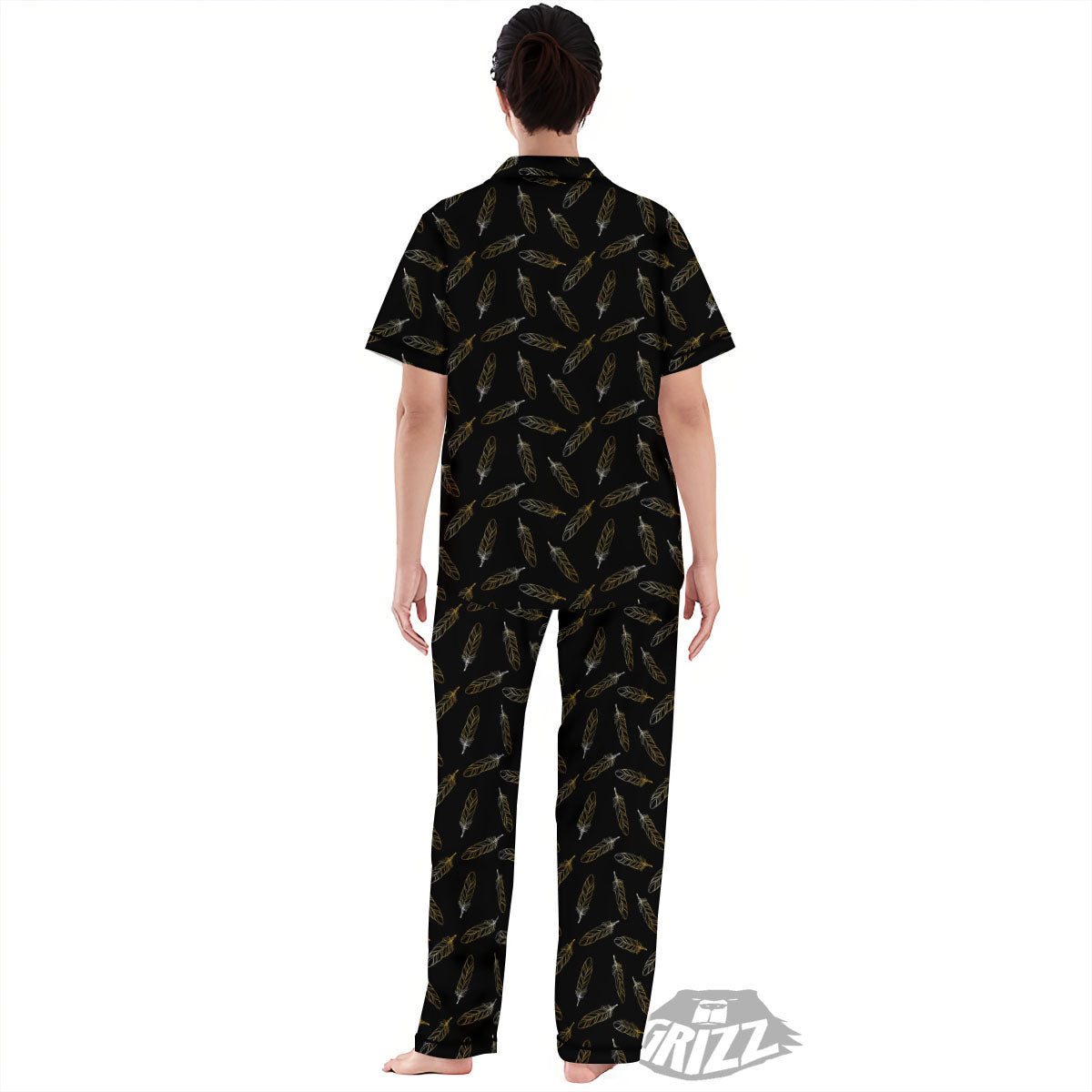 Feather Black And Gold Print Pattern Women's Pajamas Set-grizzshop